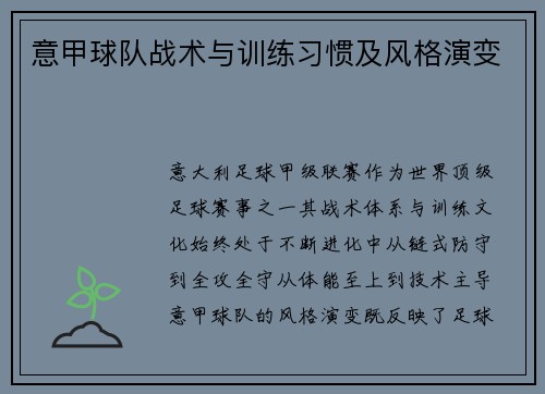 意甲球队战术与训练习惯及风格演变