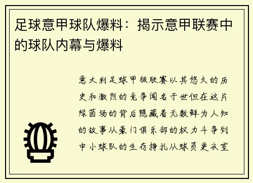 足球意甲球队爆料:揭示意甲联赛中的球队内幕与爆料